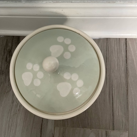 Ceramic lidded dog treat Jar. Sea foam green with white paws. - Picture 3 of 6